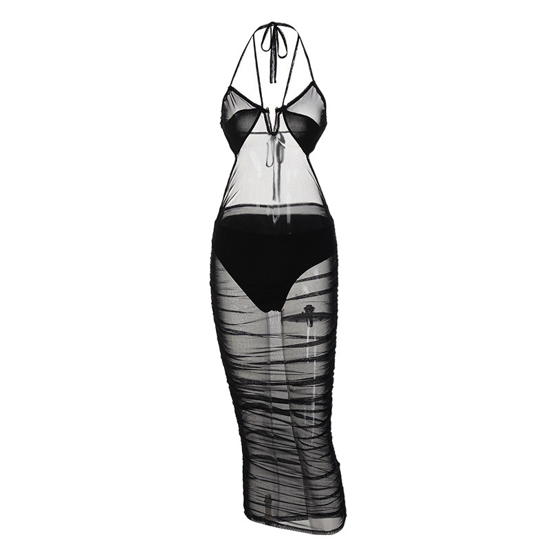 Vestido transparente de malla con espalda descubierta y cuello halter, estilo europeo y americano, para club de verano 2023, venta al por mayor para Amazon.