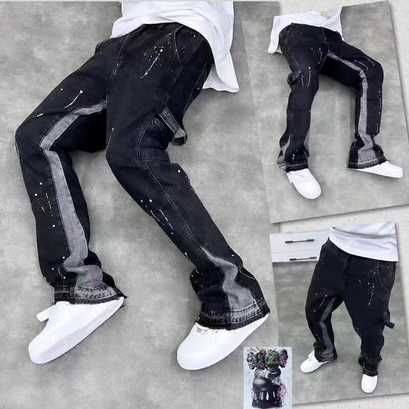 High Street Trendy Brand Splash Ink Micro-horn Jeans Men's American Style Retro Vibe Style Loose Straight Casual Trousers