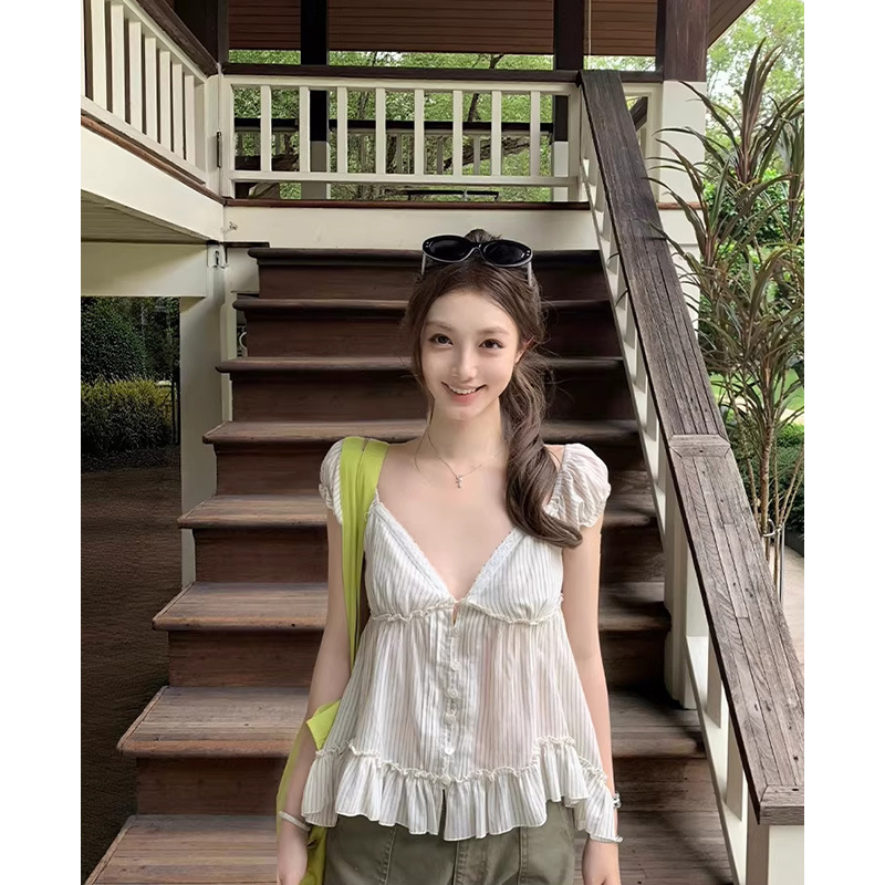 Bankelili' First Generation Korean Women's French Lace V-Neck Backless Sheer Ruffle Blouse for Women Spring Bankelili' First Generation Korean Women's French Lace V-Neck Backless Sheer Ruffle Blouse for Women Spring