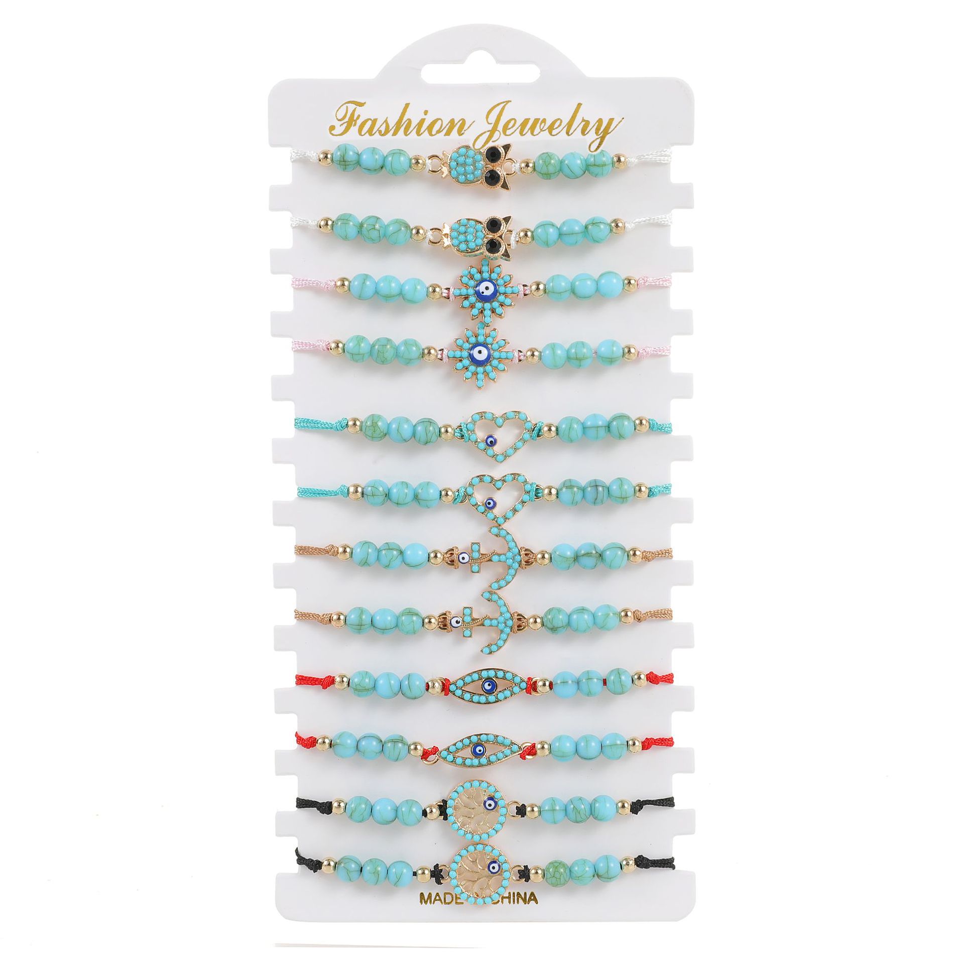 Devil'S Eye, Heart Shape, Owl Pattern Unisex Gender Bohemian Devil's Eye Heart Shape Owl Alloy Turquoise Rope Knitting Unisex Bracelets