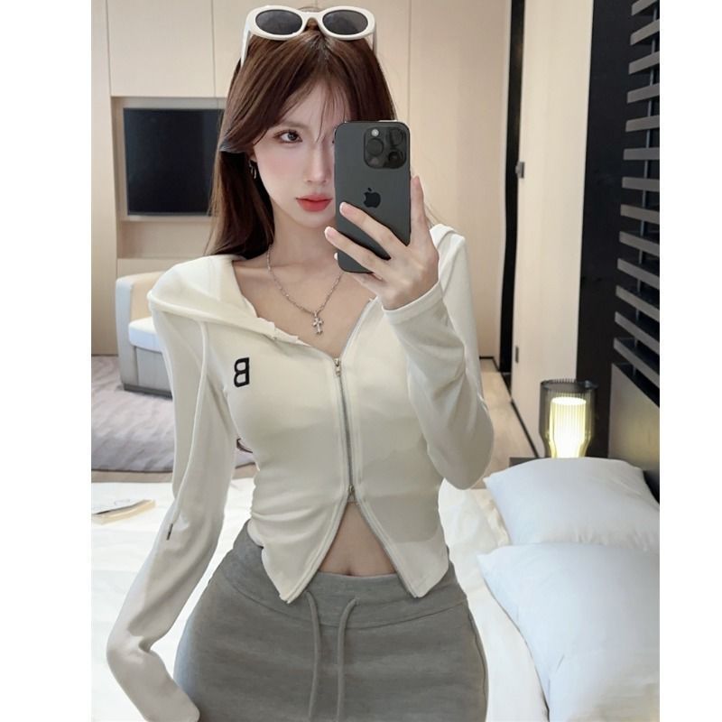 2024秋季新款白色字母刺繡連帽上衣女短款雙拉鏈緊身長袖開衫外套