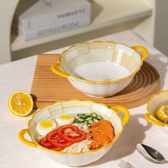 スープ碗ins大容量双耳サラダカップラーメンのパーマ防止麺碗のナットの新型の釉薬の下の彩2025千鳥格碗