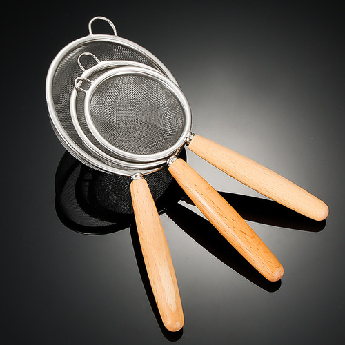 304 stainless steel mesh colander, wooden handle filter flour colander, household kitchen frying oil grid filter leak