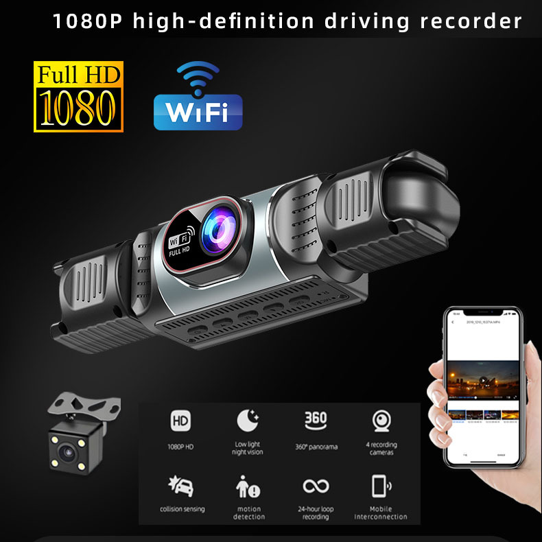 Three-channel car dashcam with WiFi, mobile phone playback, infrared night vision, parking monitoring, and panoramic recording