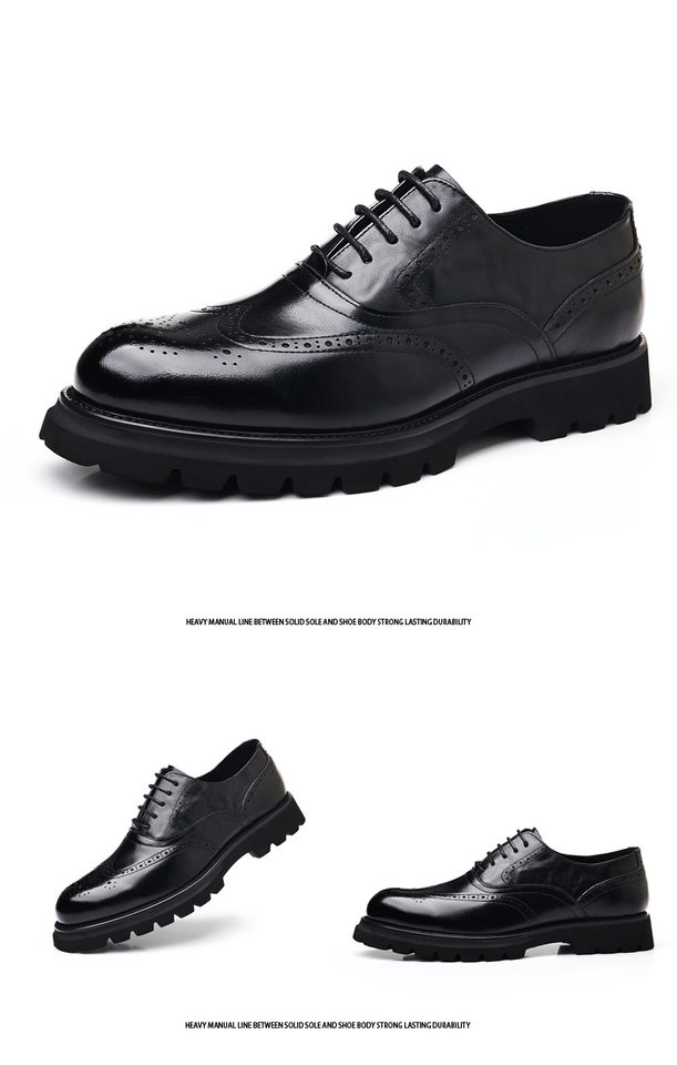 Giày da nam công sở kiểu brogue khắc hoa văn, da bò lớp đầu, đế cao su xốp nhẹ, dây buộc — Màu nâu, màu đen chi tiết 19