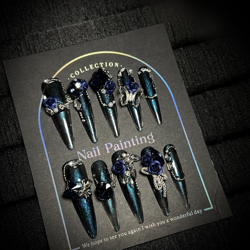 Purely Handmade Wearable Nails with a High-End Feel, Deep Blue Gradient Long Style, High-End Nail Art Pieces with Intricate Floral Designs, Fake Nail Stickers