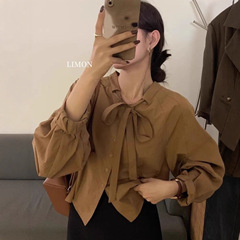 秋季长袖衬衫女法式别致立领宽松蝴蝶结系带2025新款休闲气质上衣