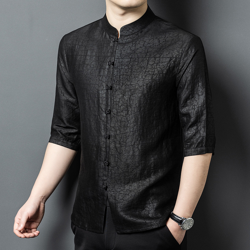 Men's Xiangyunsha Turtle Crack Stand Collar Suit Summer Thin Silk Three-Quarter Sleeve Retro Button Casual Top for Men