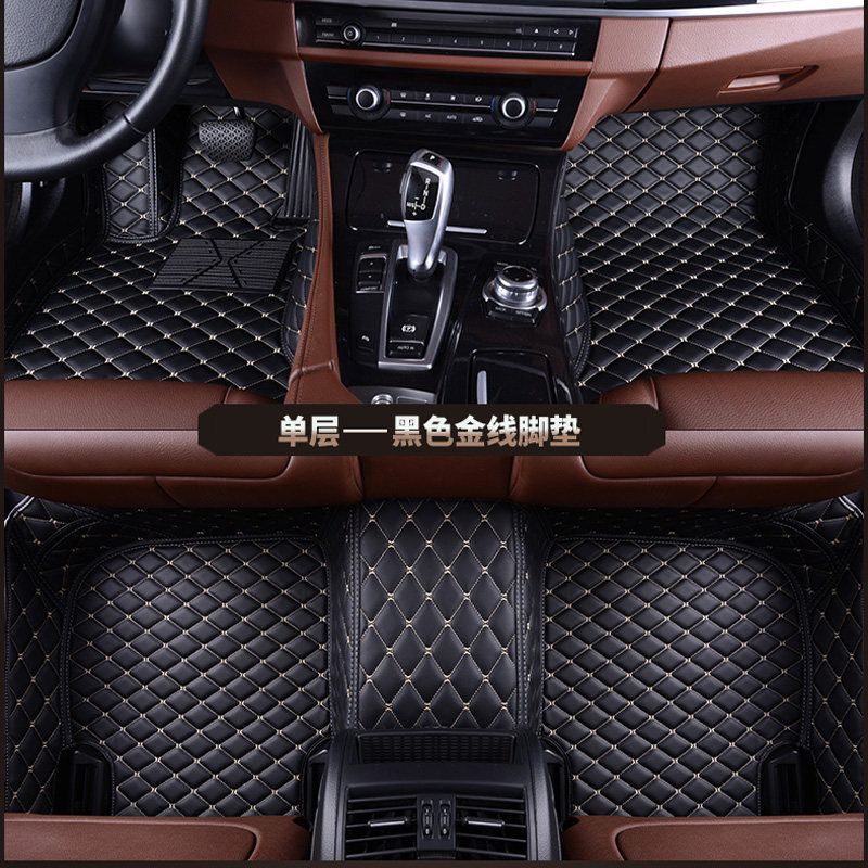 Car Floor Mats, BMW Universal Foot Pad - black-gold-floor-mat-single-layer-phone-pocket-note-car-model-year