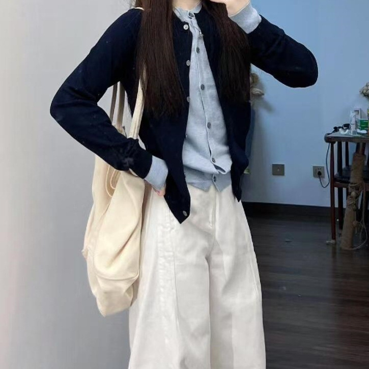 【爆款现货】秋季时尚假两件针织开衫气质甜色直筒牛仔裤两件套|undefined