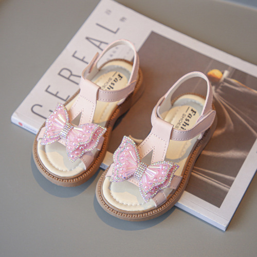 Girls Sandals Summer 2024 New Children's Princess Shoes Casual Bow Little Girls Soft Sole Anti-Slip Summer Style