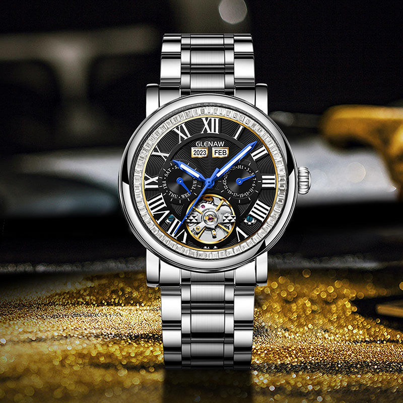 Đồng hồ nam cơ tự động Tourbillon lộ máy chống nước đa chức năng 8677 — 8677-Mặt đen vỏ bạc đai thép bạc, 8677-Vàng mặt bạc vỏ bạc đai thép