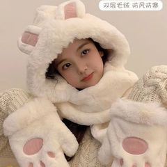 帽子のマフラーの手袋の一体の女性の秋の冬のウサギの耳の熊の3つのセットのかわいいぬいぐるみのマフラーの帽子