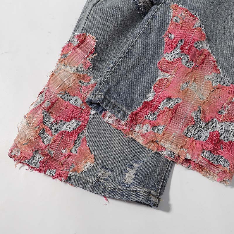 Herenkleding Retro Kant Patchwork Gescheurd Ontwerp Rechte Jeans Herenmode Merk Losse Versleten Wijde Broek_voghion.com