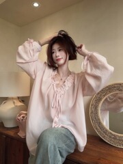 设计感边系带长袖衬衫女装2025新款夏季小众薄款宽松V领上衣