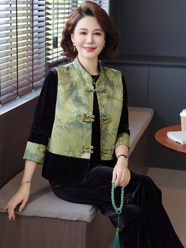 妈妈秋装套装2025新款阔太太中式国风唐装上衣中老年女春秋三件套|undefined