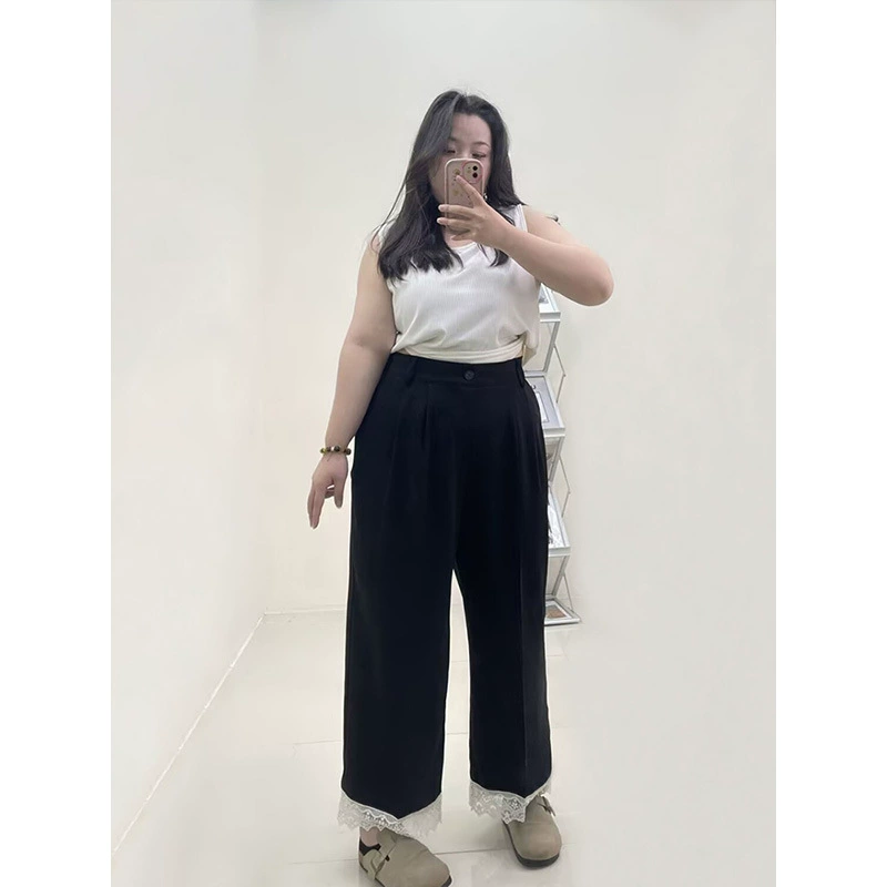 240斤胖mm巨显瘦裤子春夏季梨型身材裤子高腰垂坠感花边西裤3485