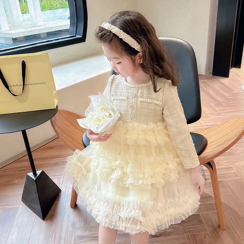  Spring/Autumn New Arrival Girls' Dress: Chic, Solid-Color Tiered Cake Skirt—Perfect for Formal Events, Featuring Elegant Sheer Fabric and a Princess-Like Design