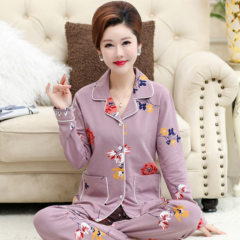 Middle-Aged Mother's Pajamas for Women, Spring and Autumn Style, 100% Pure Cotton, Long-Sleeved, Plus Size, Can Be Worn Outside, Comfortable Loungewear Set