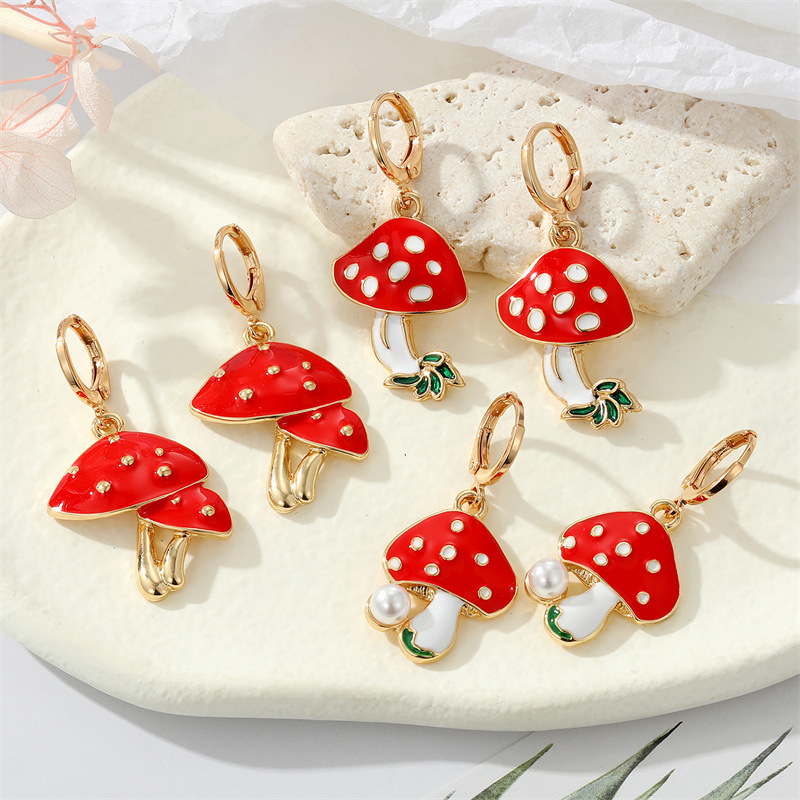 cute metal dripping oil pearl contrast color red mushroom earringspicture1