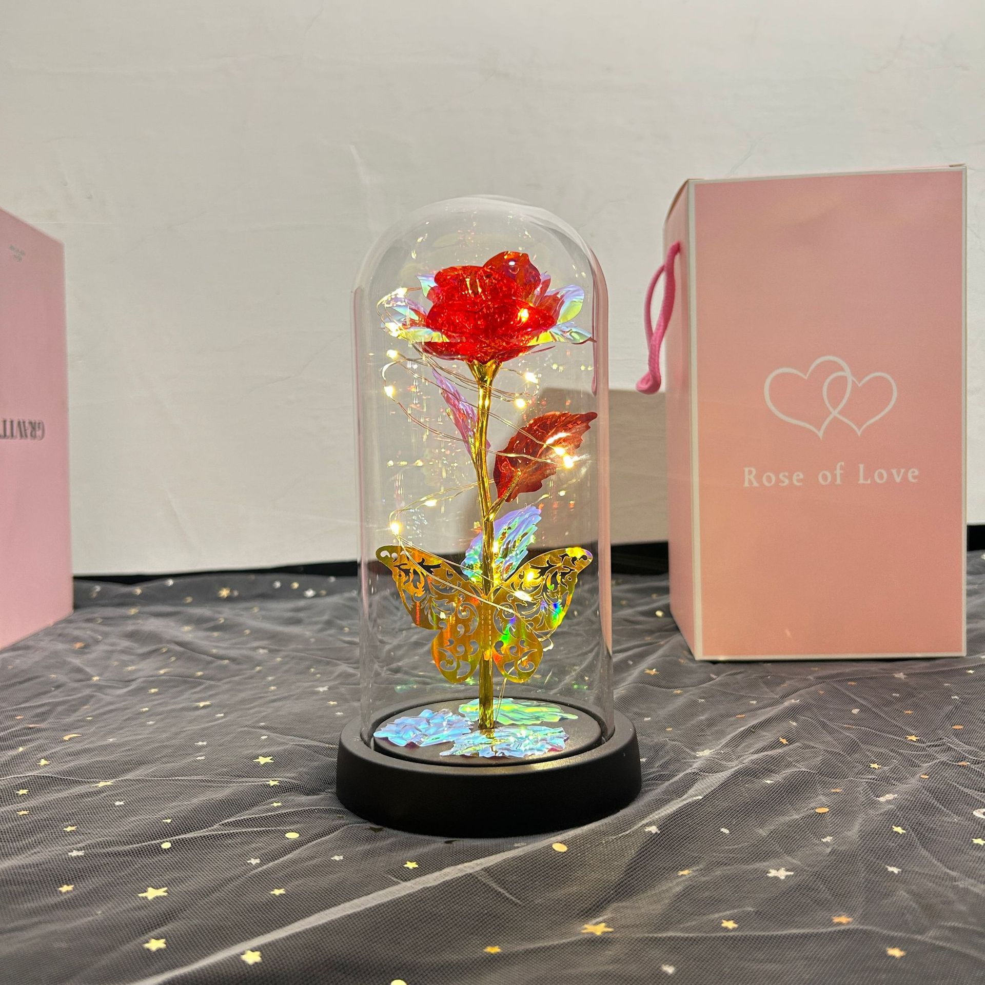 Flores de la vida eterna cubierta de vidrio brillante de oro flores de Navidad regalos de día de San Valentín creativo decoración de luces nocturnas transfronterizas