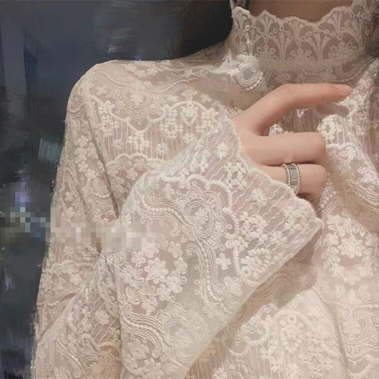 Autumn and Winter New Western Style Small Shirt Women's Half-turtleneck Embroidered Flower Exquisite Inner Lace Shirt Mesh Base Top