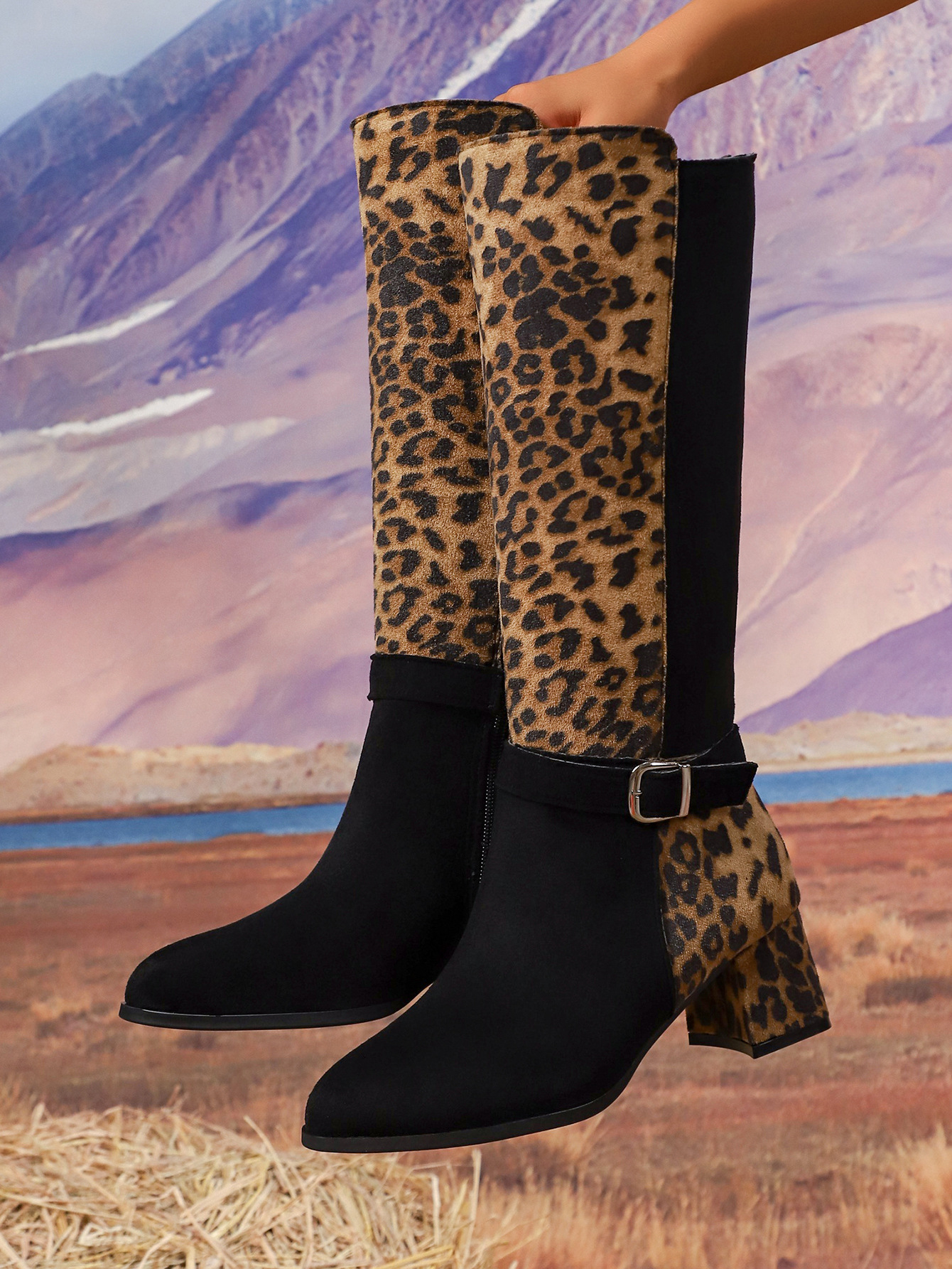 Leopardenmuster Stiefeletten Mit Blockabsatz Für Damen Winter_voghion.com