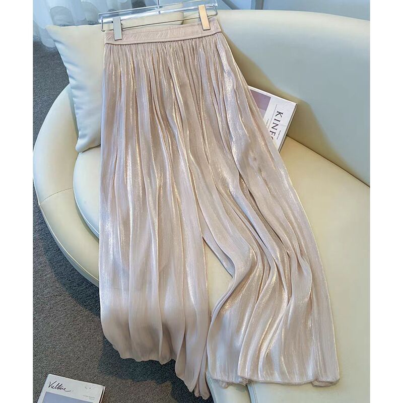 2026 Summer Flowy Loose-Fit Elegant Skirt Pants for Women, Shimmering Wide-Leg Pants, Flowing Nine-Point Wide-Leg Skirt Pants