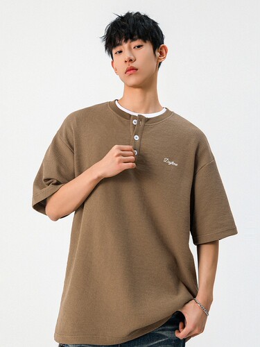 Light Luxury Vintage Money Texture Honeycomb Short-Sleeve T-Shirt for Men - Summer New Henry Collar Polo Shirt 260g Loose Fit T-Shirt