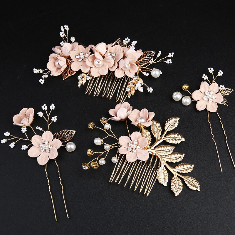 クロスボーダーの金色の葉の髪の櫛の髪の飾りの手作りの花嫁のセットの頭の飾りの花の挿し木の髪のヘアピンの花嫁の装飾品|undefined