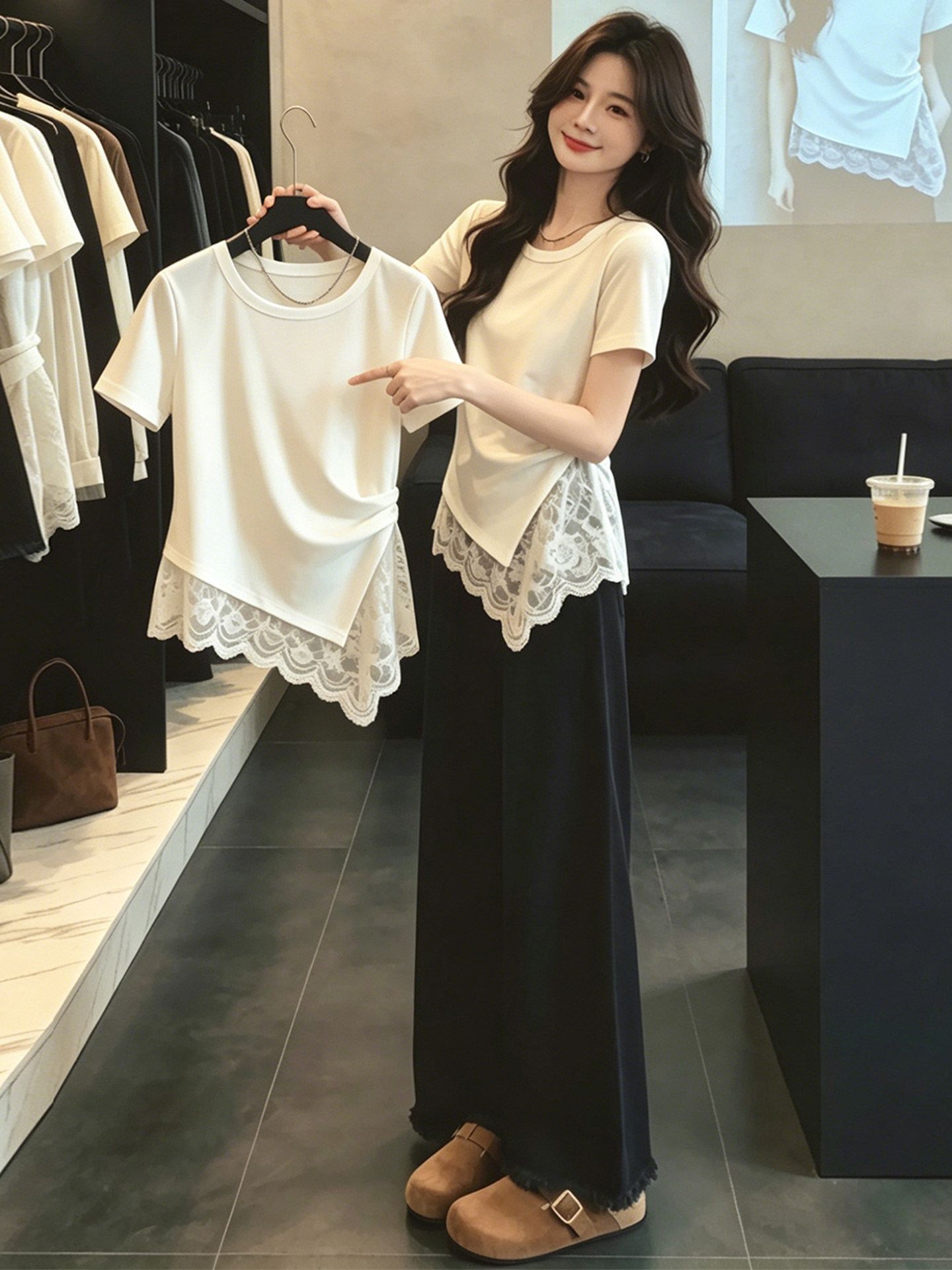 Áo thun nữ tay ngắn cổ tròn phối ren viền gấu bất đối xứng — màu đen