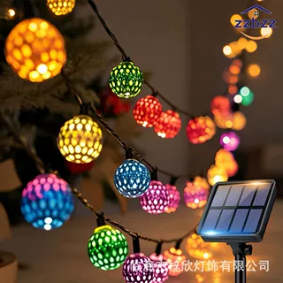 跨境热销 太阳能led镂空摩洛哥球灯串圣诞节日铁艺圆球装饰彩灯串