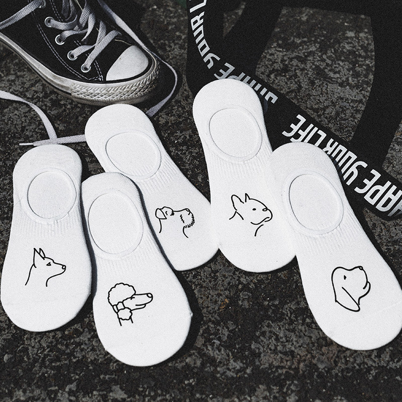Socks for men and women Summer new personalized creative cartoon dog head printed invisible socks breathable sweat-absorbent shallow mouth boat Socks