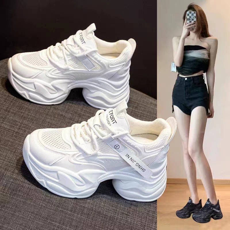 ヨーロッパの厚底ダッドシューズ女性用、身長を伸ばす2025年新作夏万能メッシュ通気性レディースシューズ、白いスポーツシューズ|undefined