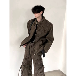2026新款废土美拉德水洗做旧牛仔服男款小众设计复古垫肩牛仔外套