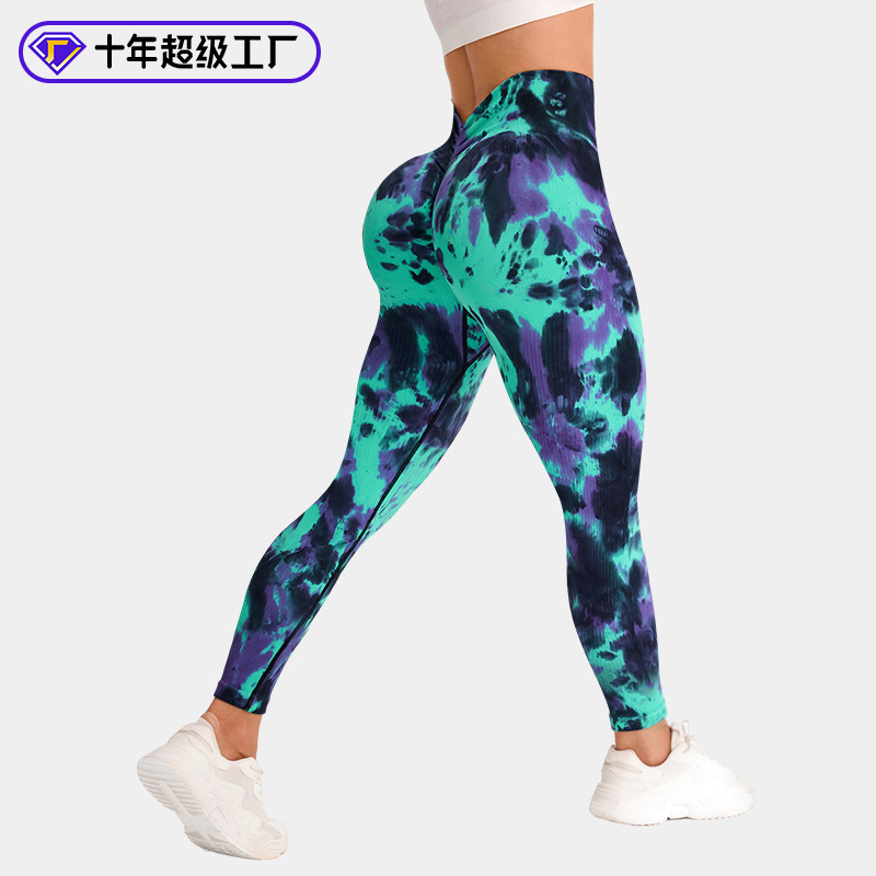 Transfronterizo V cintura gruesa atada de rosca teñida de pantalones de camisa de mujer sin costura de cintura alta leggings deportivos para correr pantalones de fitness
