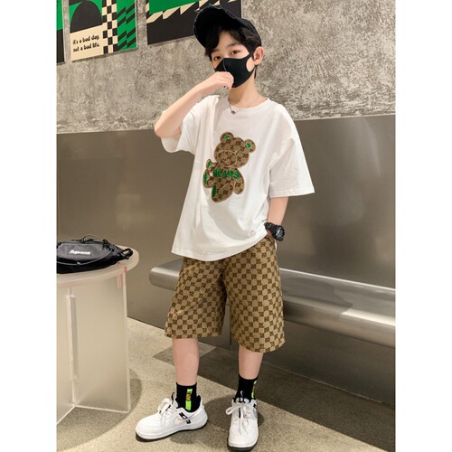 Children's bear short-sleeved suit summer  new boys and girls handsome clothes trendy shorts two-piece set children's clothing trendy