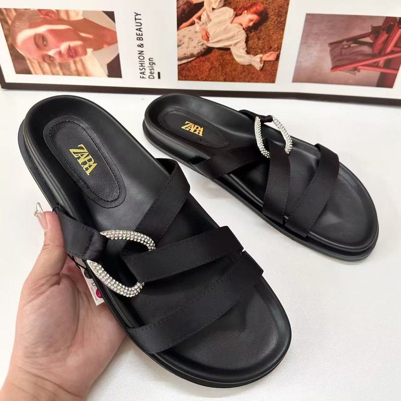 ZA2024 新しい夏の女性の靴黒サテンダイヤモンドバックルフラットラウンドトゥカジュアル厚底ストラップサンダル|undefined