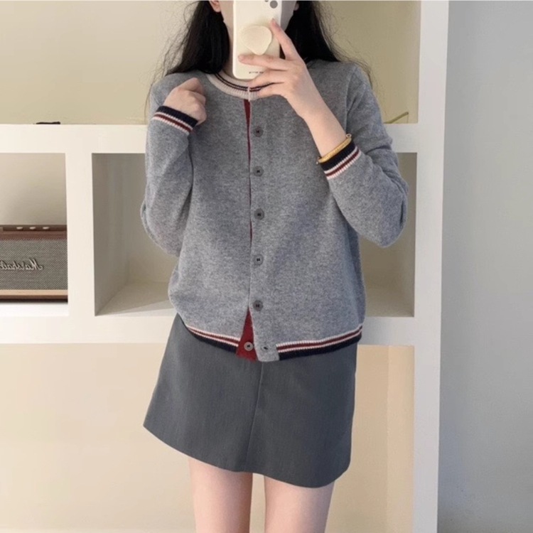 英伦雾灰拼色开衫毛衣外套内搭女款宽松显瘦圆领针织衫上衣外搭女|undefined