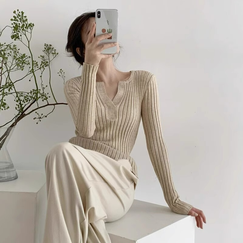 French style knitwear women's autumn and winter V-neck soft Nuo sweater bottoming shirt versatile Western style slim-fit long-sleeved T-shirt inner top