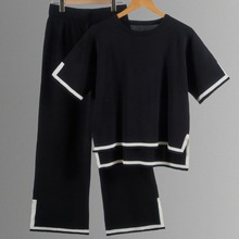 2023欧美跨境亚马逊夏季新款针织套装毛衣套装短袖套头阔腿裤