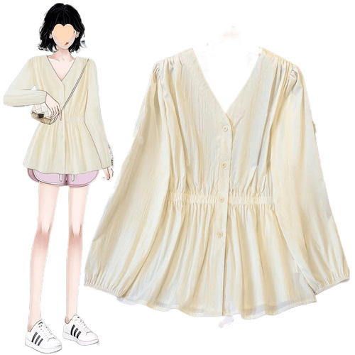 Design for Plus Size Women - Autumn Youthful, 2025 Slimming, Waist-Tightening Early Autumn Shirt Top, Loose Long Sleeve
