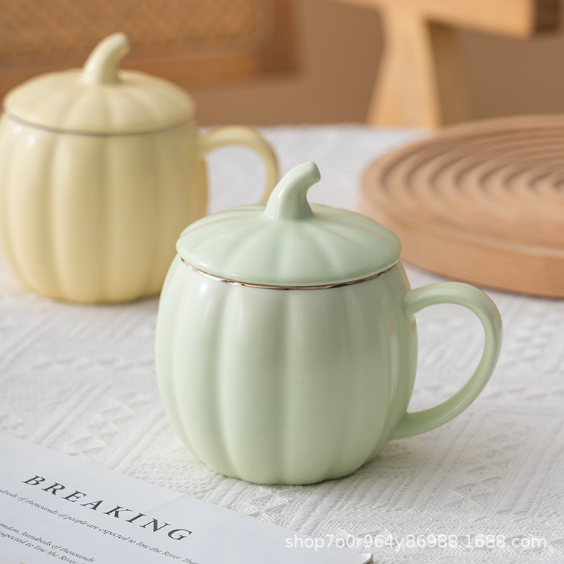 Taza de cerámica con diseño de calabaza - Con tapa - Para oficina, desayuno, café y agua - Creativa y adorable