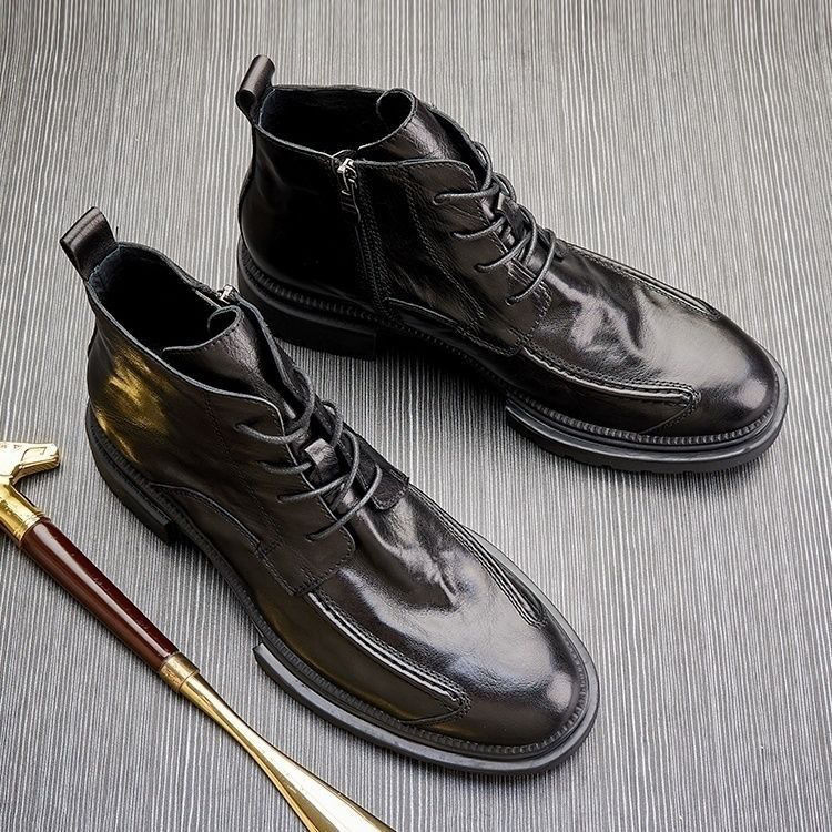 High-top zipper boots Platform soled round ankle boots for old men's boots_voghion.com