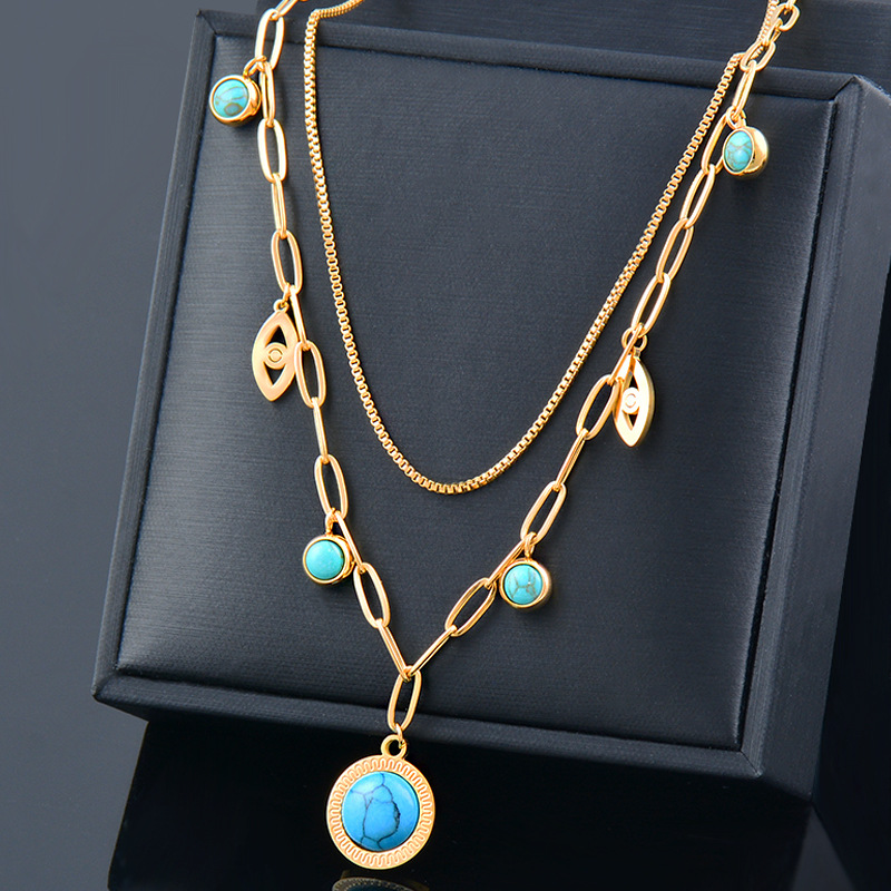 Fashion Round Titanium Steel Inlay Turquoise Layered Necklaces 1 Piece