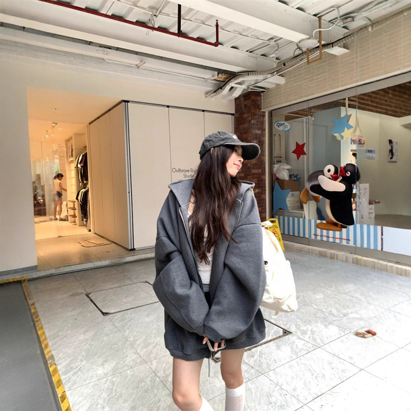 实拍~秋季新款宽松长袖连帽卫衣女石岩灰休闲慵懒风上衣外套87124|undefined