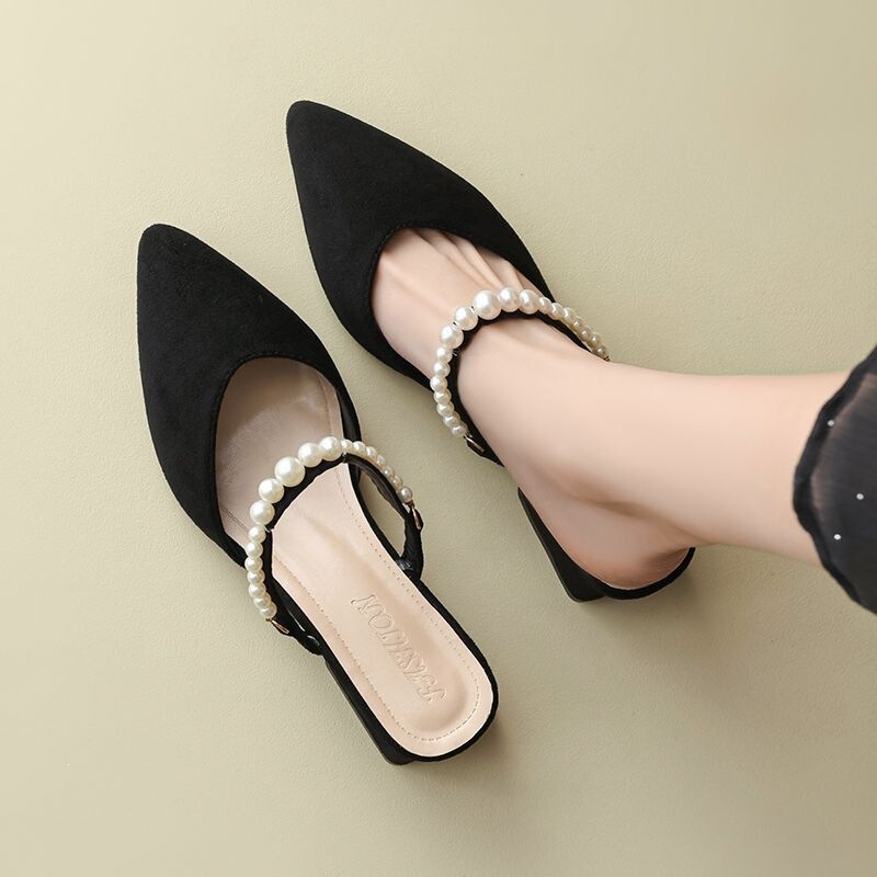 Women's Outdoor Sandals 2026 New Style Pearl Pointed Toe Half-Heel High-Heeled Shoes Fairy Style Outdoor Closed-Toe Half-Slippers