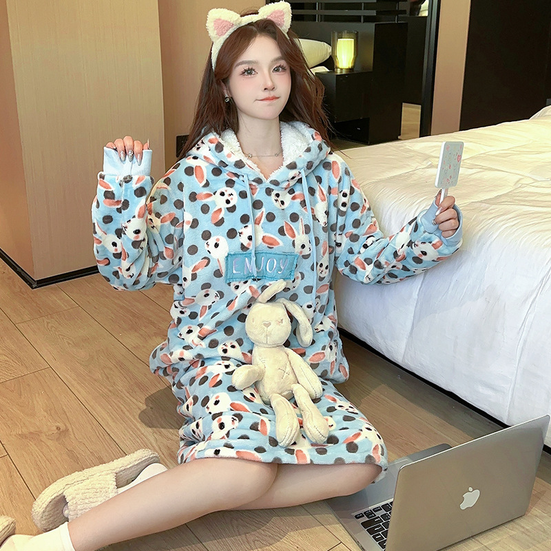 Invierno grueso cálido coral polar camisón de las mujeres dulce lindo princesa estilo con capucha media longitud caliente homewear