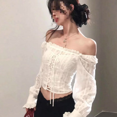 法式刺绣系带花边蝴蝶一字领白色衬衫女春季设计独特别致气质上衣