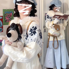 慵懒风蓝白色费尔岛连帽毛衣外套女秋冬季2025年新款宽松针织开衫